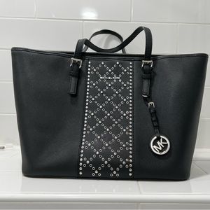 Michael Michael Kors Jet Set Travel Med Tote, Black Leather silver metal details
